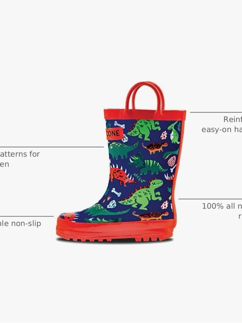 Children's Navy Rain Boot with Colorful Dinosaur Print and Red Trim